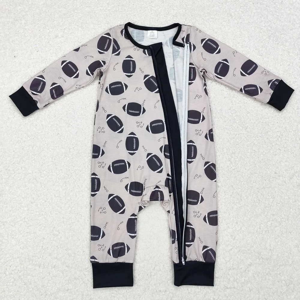 Western Fashion Toddler Baby Boys Rugby Graphic Zip-Up Long Sleeve Bodysuit Wholesale Boutique Children RTS Romper