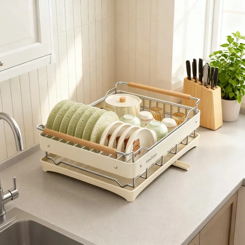 

Metal dish drain storage racks, stainless steel dishware dryer, Sink Holders with drain plate,Tableware organization Creamy wind