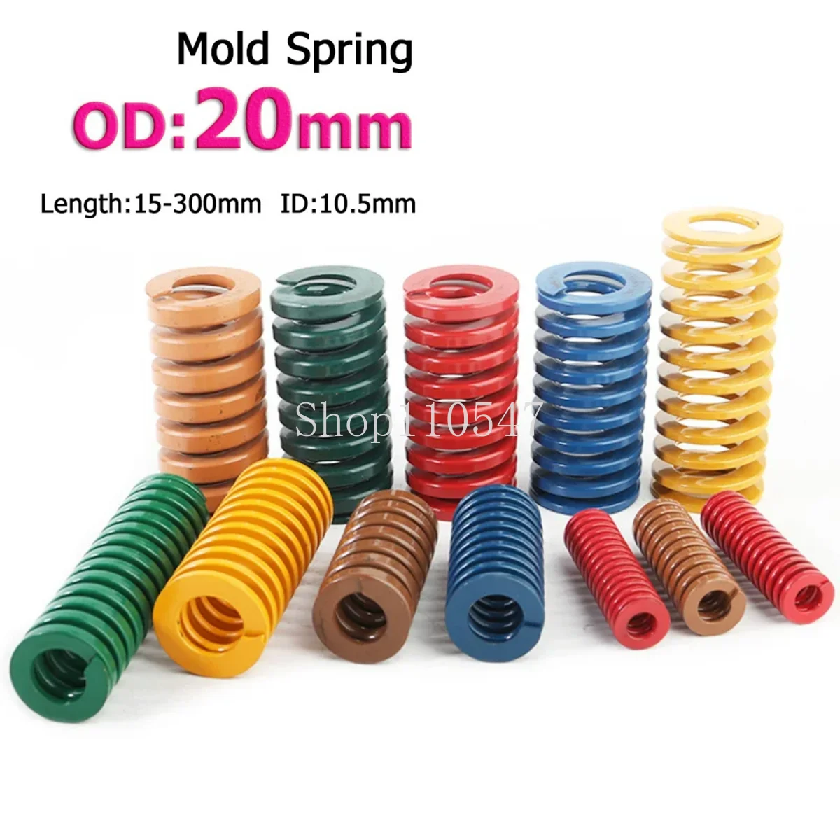 1-10pc OD 20mm Compression Spring Loading Mould Die Spring ID 10.1/10.2/10.5/11.1/mm Length 15-300mm Yellow/Blue/Red/Green/Brown