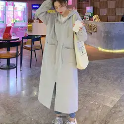 Plus Size 6XL 150kg Winter Women Long Trench Coat Fleece Office Lady Casual Zipper Outwear Long Sleeve Hooded Maxi Coat