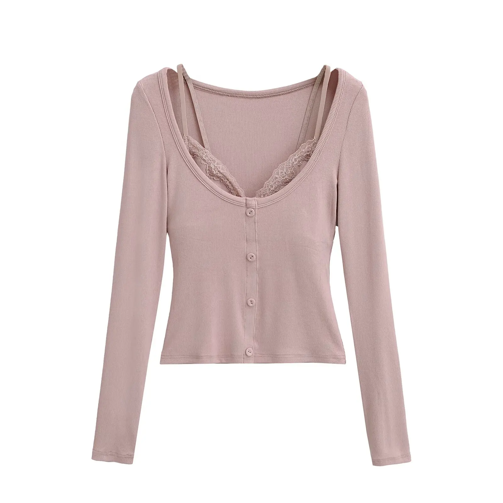 Kardaian Sexy Lace Trim Long Sve round Ne Base irt Pure Desire Slim Fit Two Piece Set T irt for Women Spring Sle