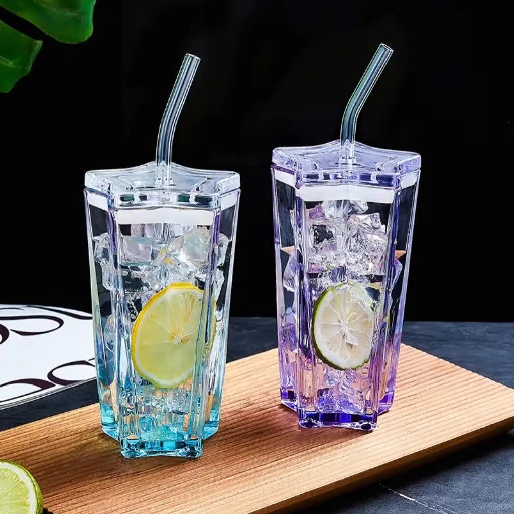 Five-pointed Star Shaped Glass Cup with Straw Summer Gradient Color Transparent Cold Drink Cups Female Office Coffee Mugs