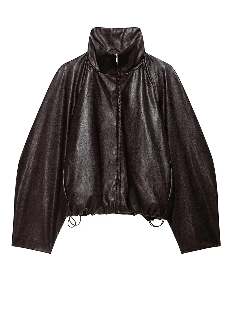  HH New Arrival Brown Cropped Jacket Fall Winter 2026 Leather Effect Zip High Collar Minimalist Chic Fashion Outerwear ﻿