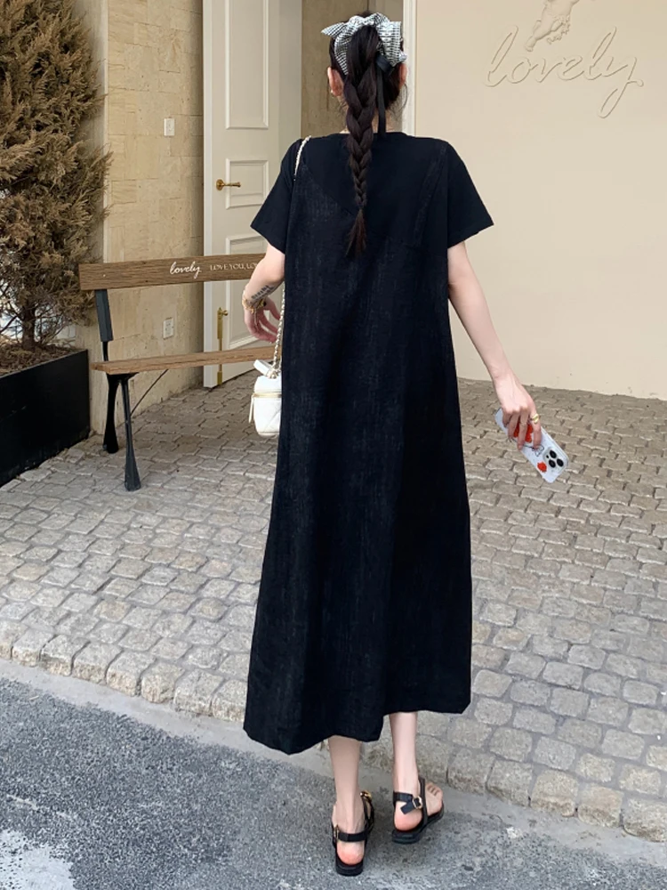 NYFS Zomerjurk 2025 Koreaanse Stijl vrouwen Losse plus Size Korte Mouw Twee vervalsingen t-shirt Lange Jurk Gewaad Elbise