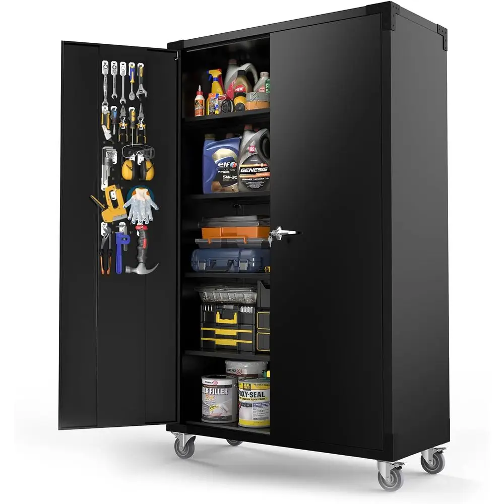 

Black Metal Garage Storage Cabinet with Pegboard, Wheels, Locking Doors, Adjustable Shelves - 43W x 20D x 72H