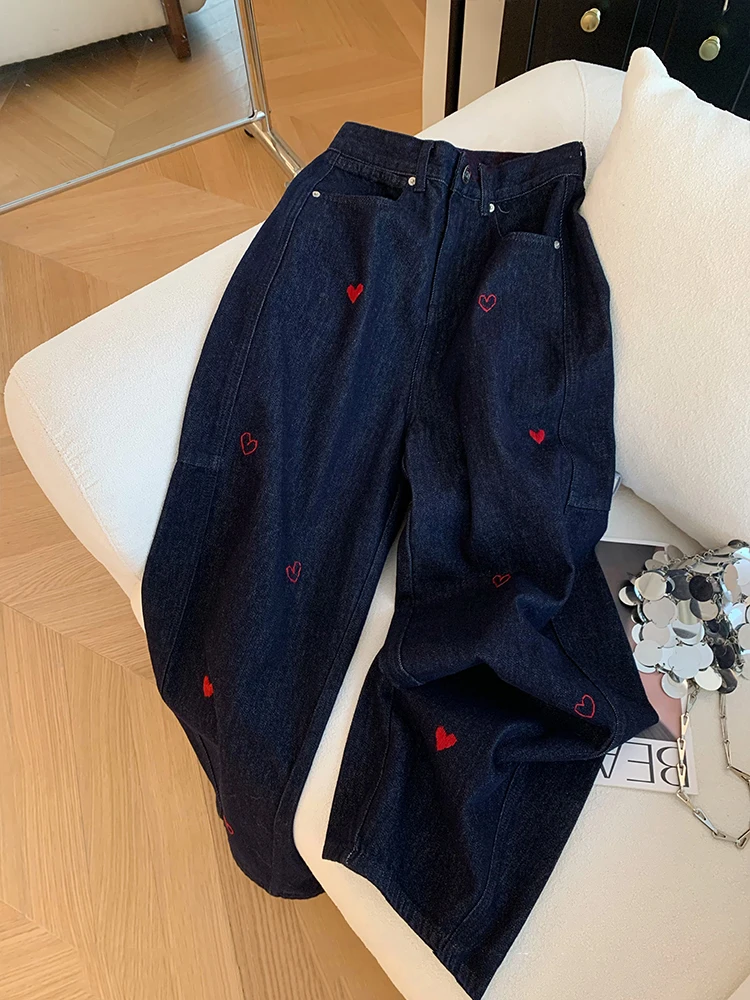 Tamanho grande em forma de coração impresso jeans feminino 2025 nova cintura alta calças de perna larga retro azul solto casual calças de perna reta