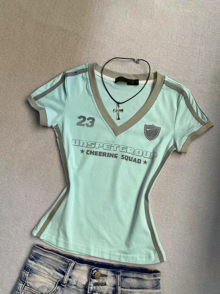 HOUZHOU 미국 복고풍 스포츠 티셔츠 여성 Y2k 섹시한 v 넥 반팔 티셔츠 빈티지 패치 워크 Coquette Blokecore 티셔츠