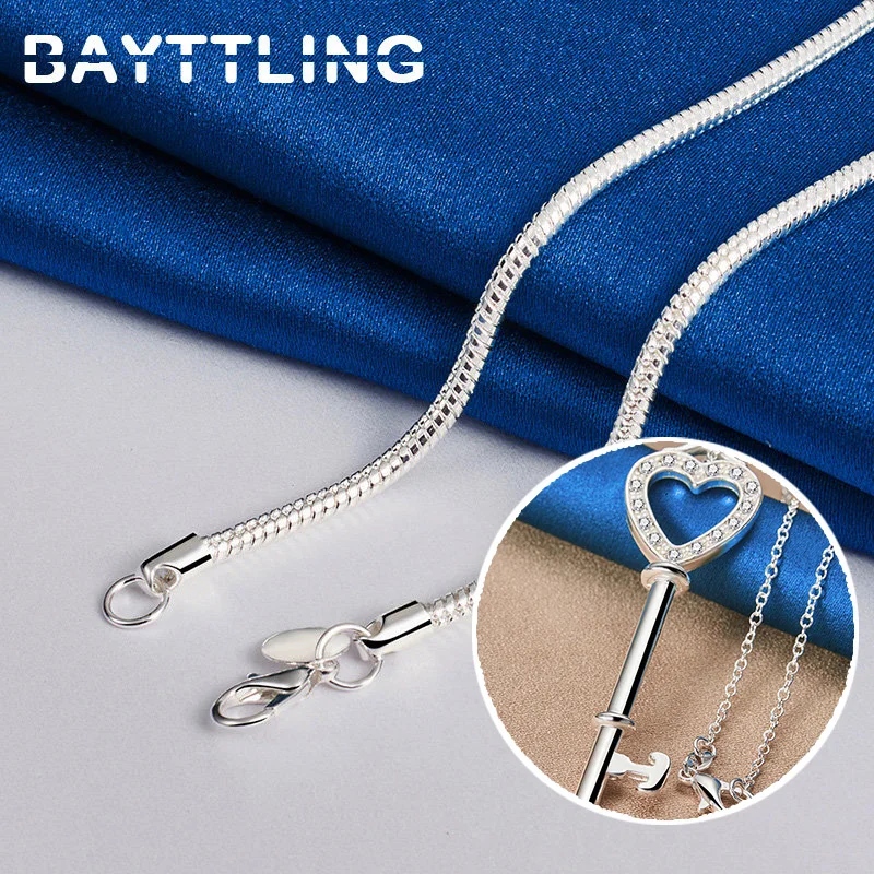 New Fine 925 Sterling Silver 16-30 Inches Heart Key Zircon Necklace For Women Men Fashion Charm Wedding Gift Accessories Jewelry