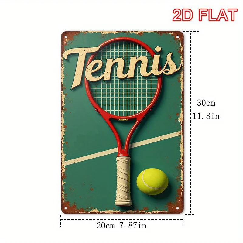 Vintage Tennis Metal Sign -  Rectangular Iron Wall Decor with Red Racket and Ball Design, Rustic Green Background, Perfect for