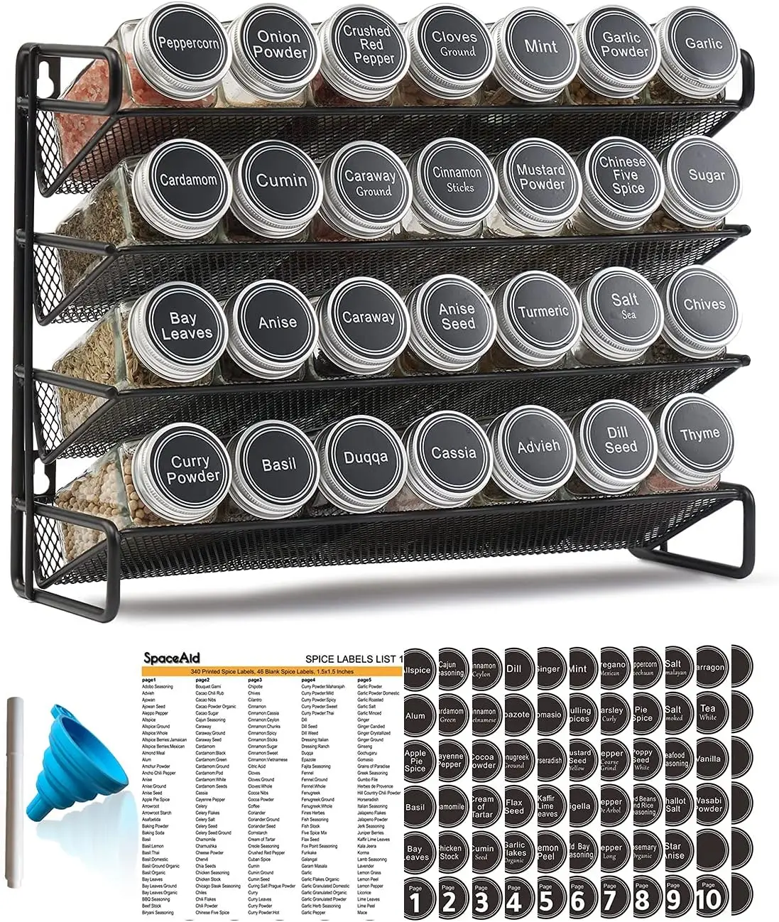 

Spice Rack Organizer with 28 Jars, Labels, Chalk Marker & Funnel Set for Cabinet or Wall Mount - Black organizer kitchen