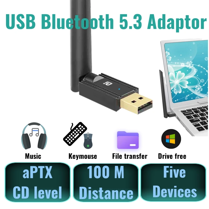 USB Bluetooth 53 Adapter 100M Dongle aptX for PC Windows8.1/ 11/10 Printer Mouse Keyboard Audio Receiver Transmitter Drive Free