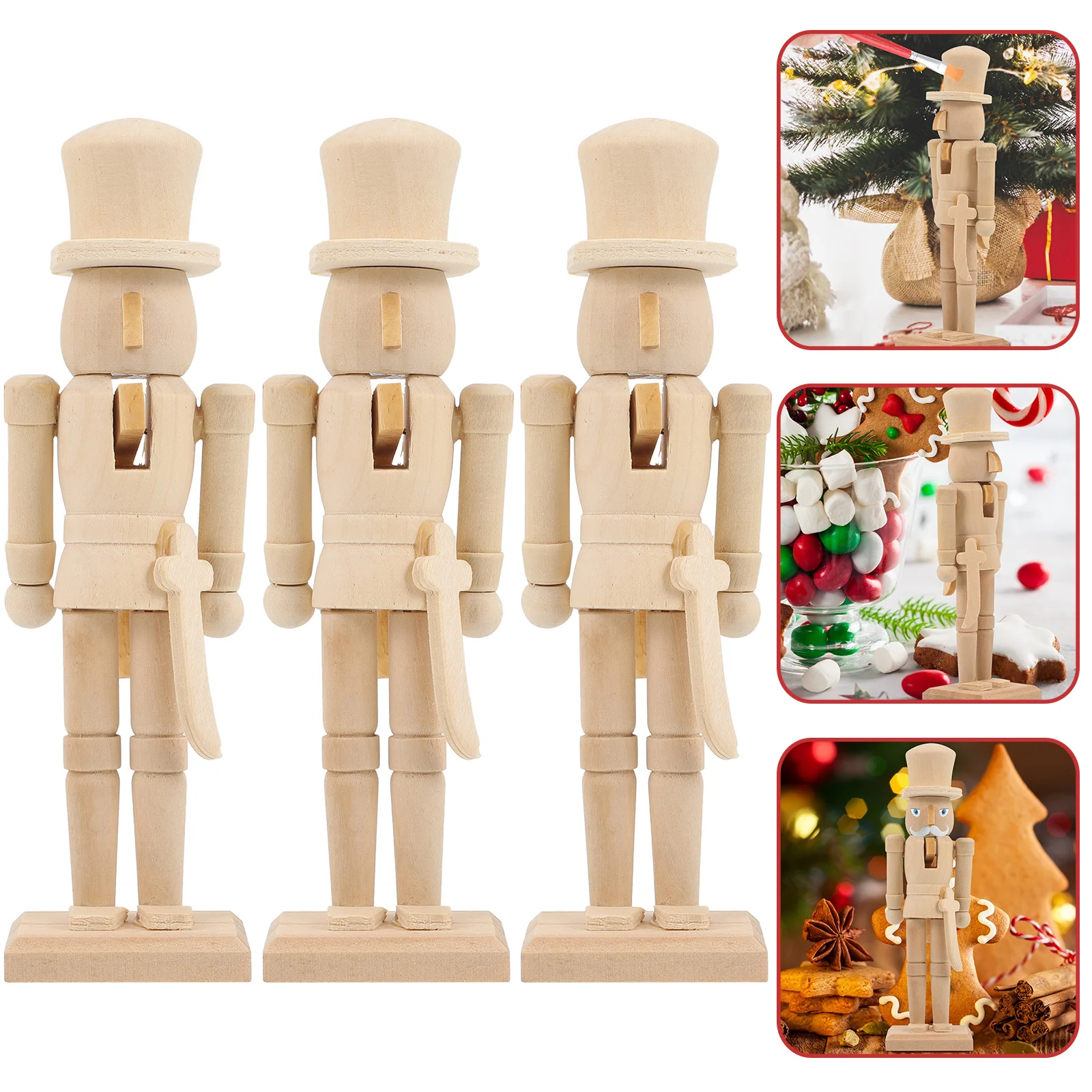 3 Pcs Nutcracker Figures Desktop Decor Crafts Unfinished Walnut Soldier Crackers