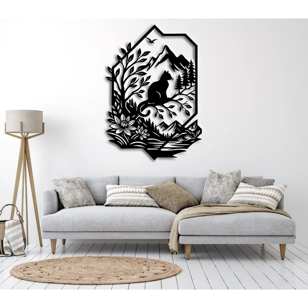 Laser-Cut Mountain Cat Metal Wall Decor