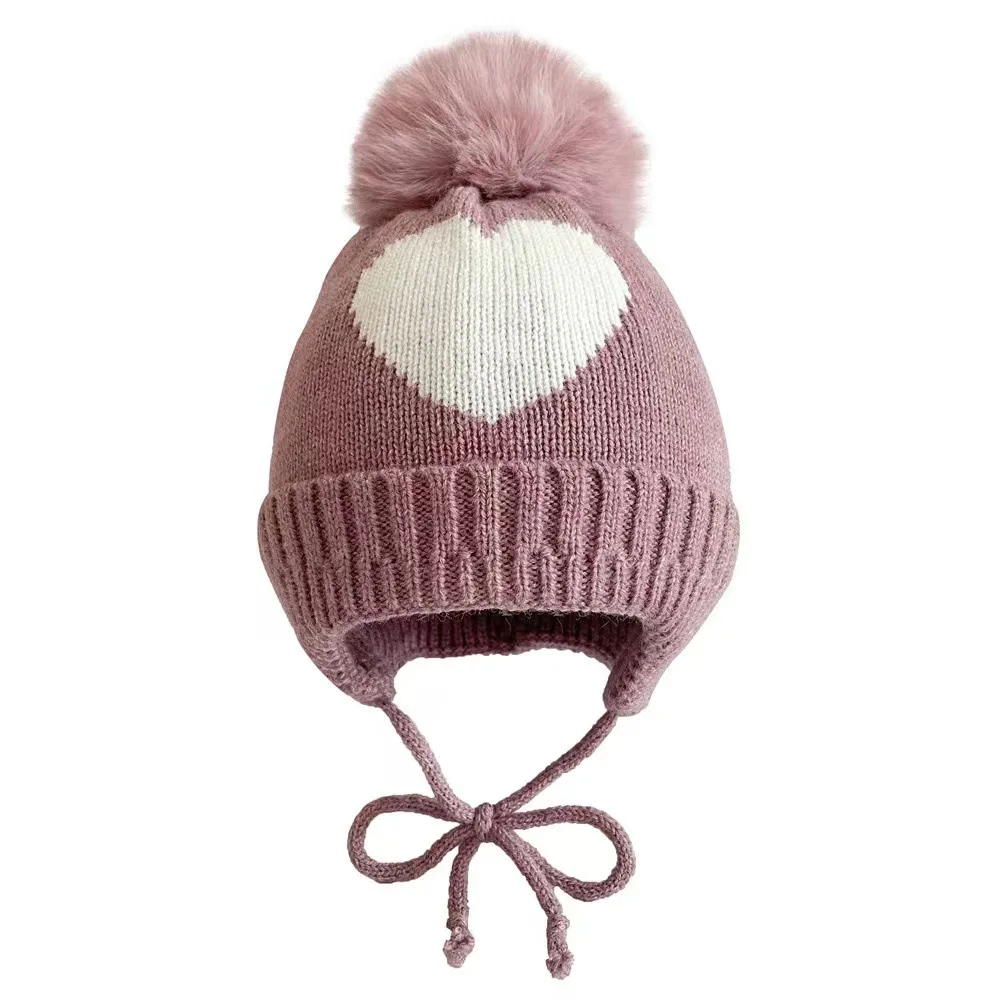 Baby Hat Autumn/Winter Knitted Hat Boy Girls Warm Ear Protection Hat Baby Children\'s Hairball Hat Braided with Velvet for Warmth