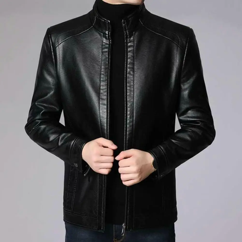 Faux Leather Jacket Stylish Men's Faux Leather Motorcycle Jacket with Stand Collar Thick Warmth Windproof Design for Cool Autumn