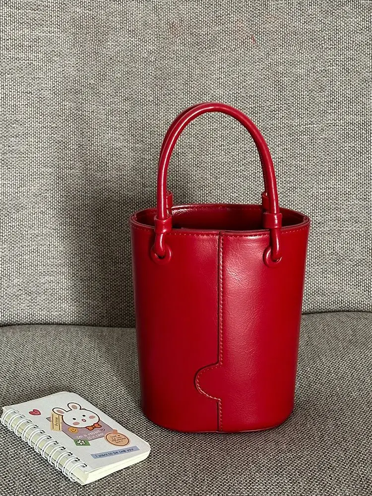 Office Lady PU Elegant Red Shoulder Bags Women Bucket Bag Fashion Commuter Solid Color Tote Bag Classic Bolsos All-match