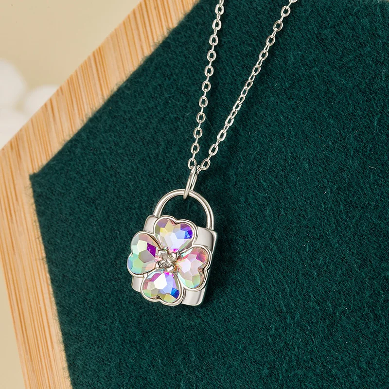 KOFSAC 925 Silver Lock Clavicle CHAIN NECKLACE For Women Design Sweet Girl Fashion Dazzle Crystal Heart Four-leaf Clover Jewelry
