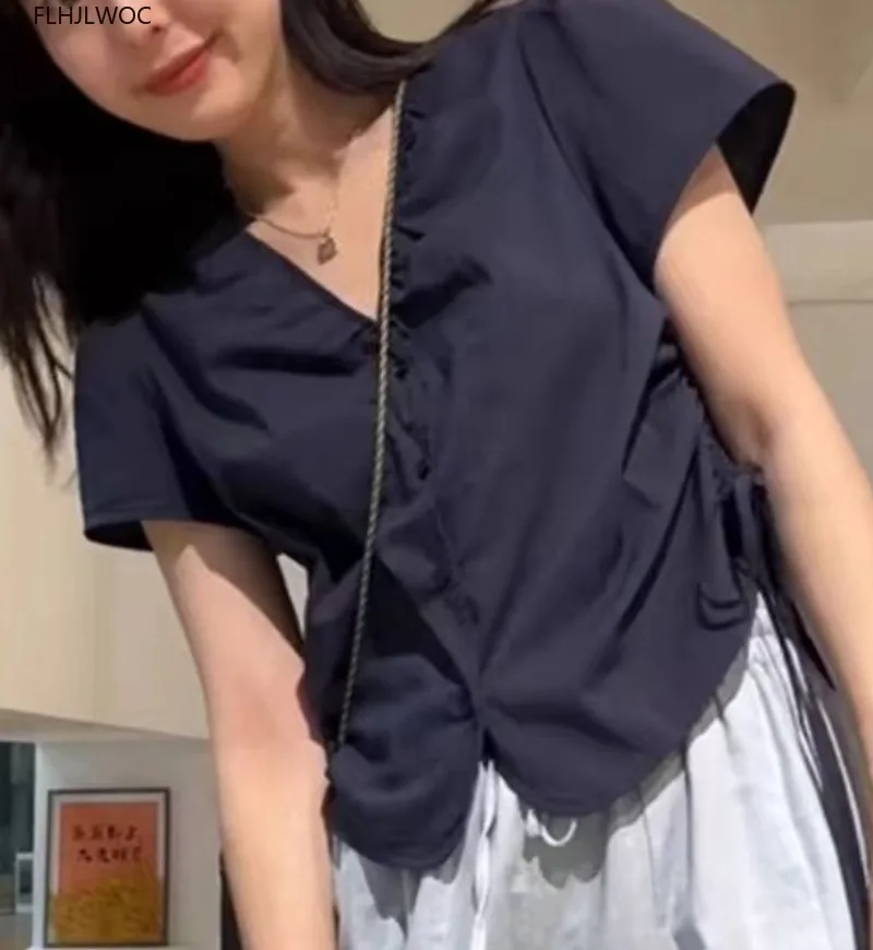 ผ้าฝ้ายผสมเสื้อใหม่แฟชั่นผู้หญิงฤดูร้อนแขนสั้น V คอน่ารักสาวหวาน Solid Shirring Draped ปุ่มเสื้อ
