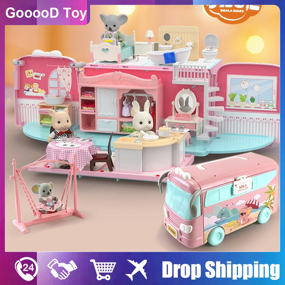 Pretend Family Dollhouse Koala Diary Girl Play House Toy Diy Tour Bus Bedroom Dresser Dining Kitchen Bathroom Shop Toys for Girl