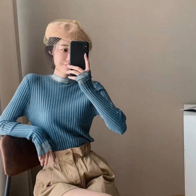 Women's 2023 Long Sleeve Mock Neck Ribbed Knit Sweater Fit Basic Casual N7YE