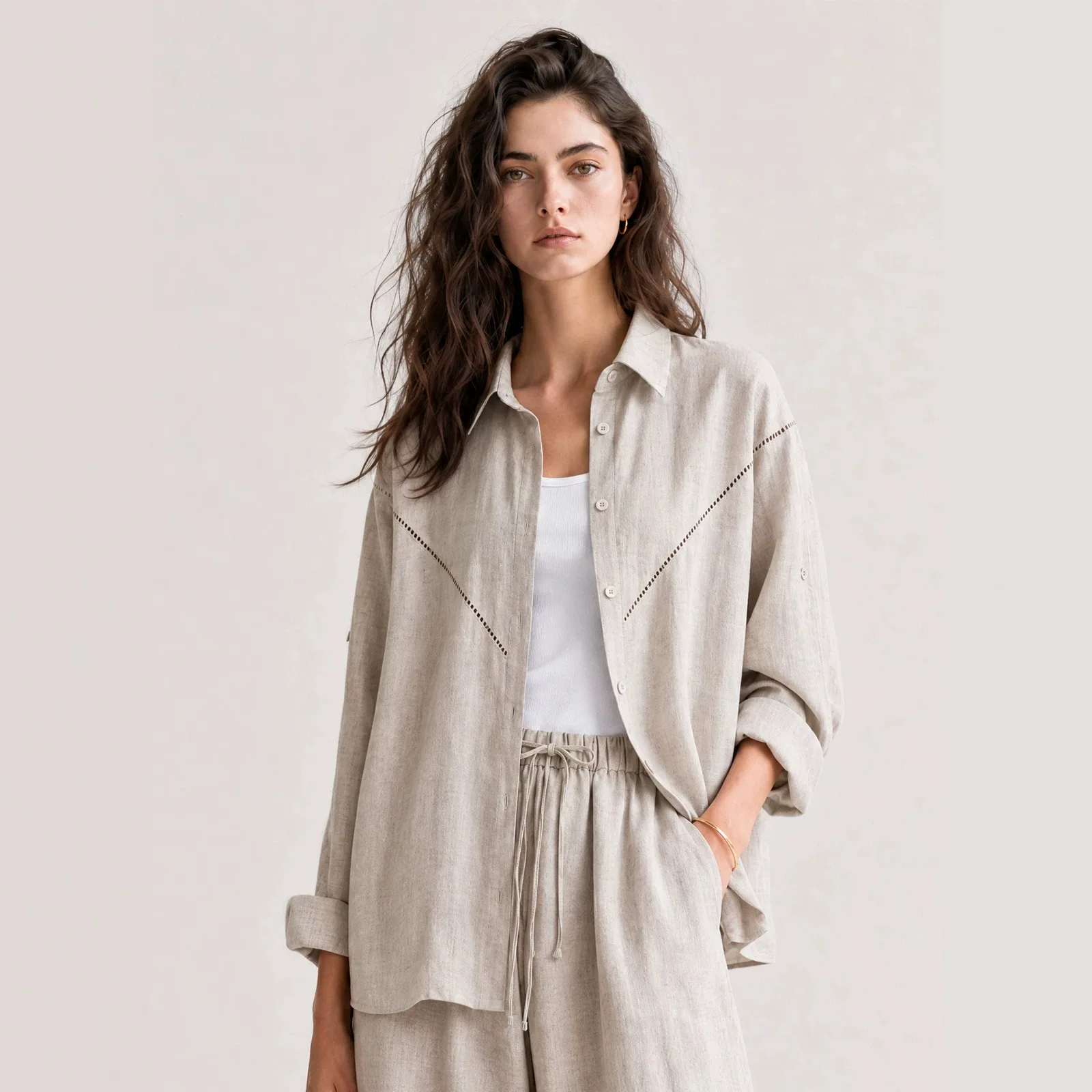 

100% Linen Hollow Line Shirt Women's Summer Cuff Lapel Top Women