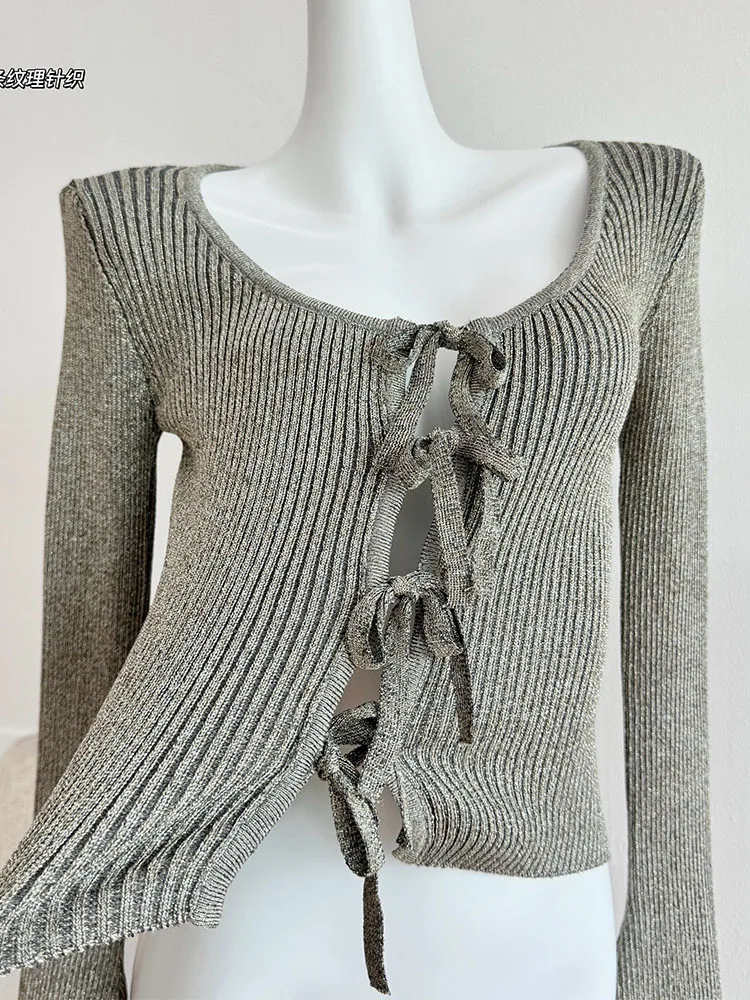 High Quality Grey O-Neck Slim Crop Tops Women Long Sleeve Bow Bandage Design Cardigan Autumn 2024 Fashion Sexy Knitted Sweater