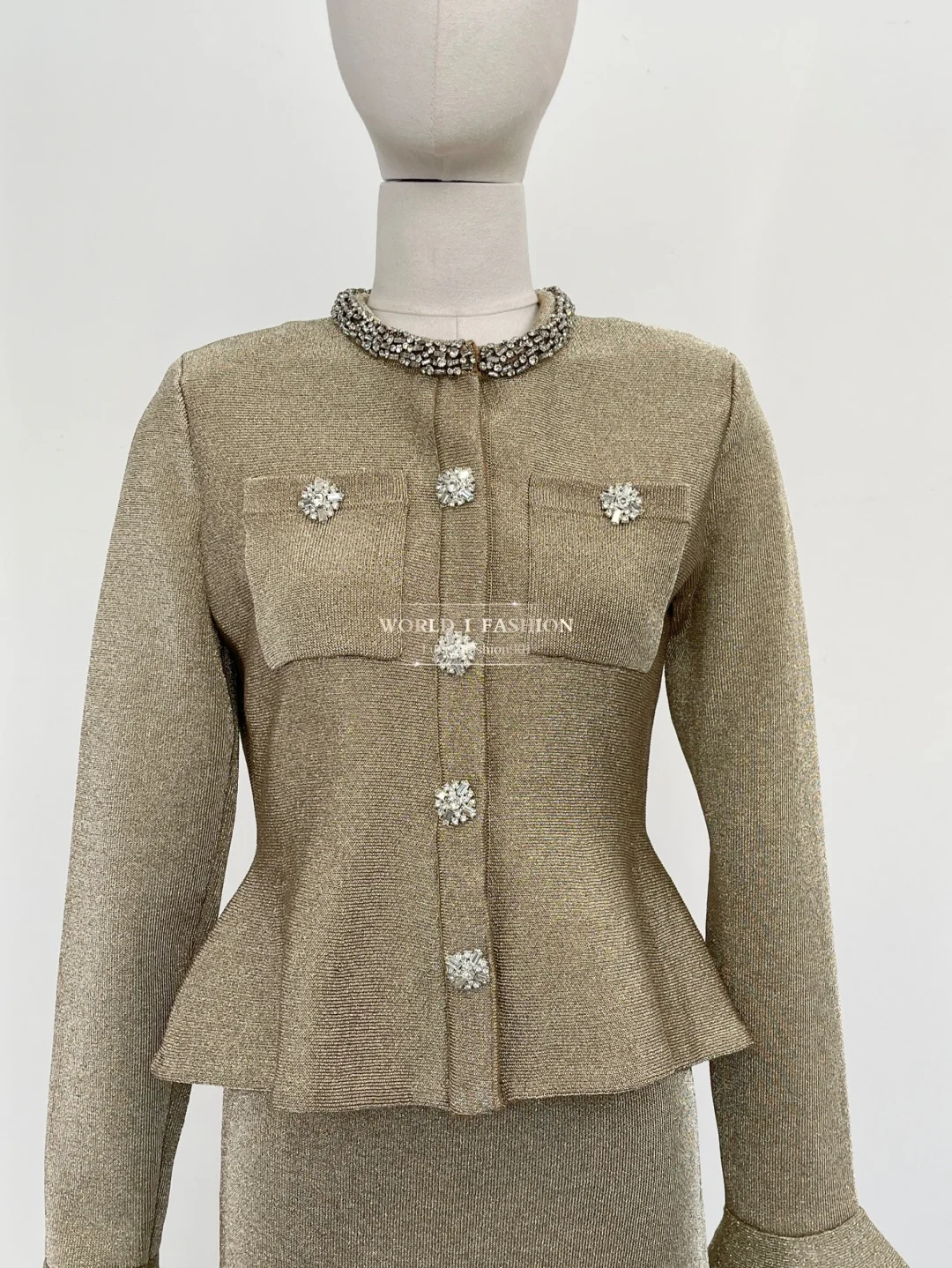 2025, hochwertiges Damen-Midikleid mit goldenen langen Ärmeln und Diamanten und Wasp-Taille