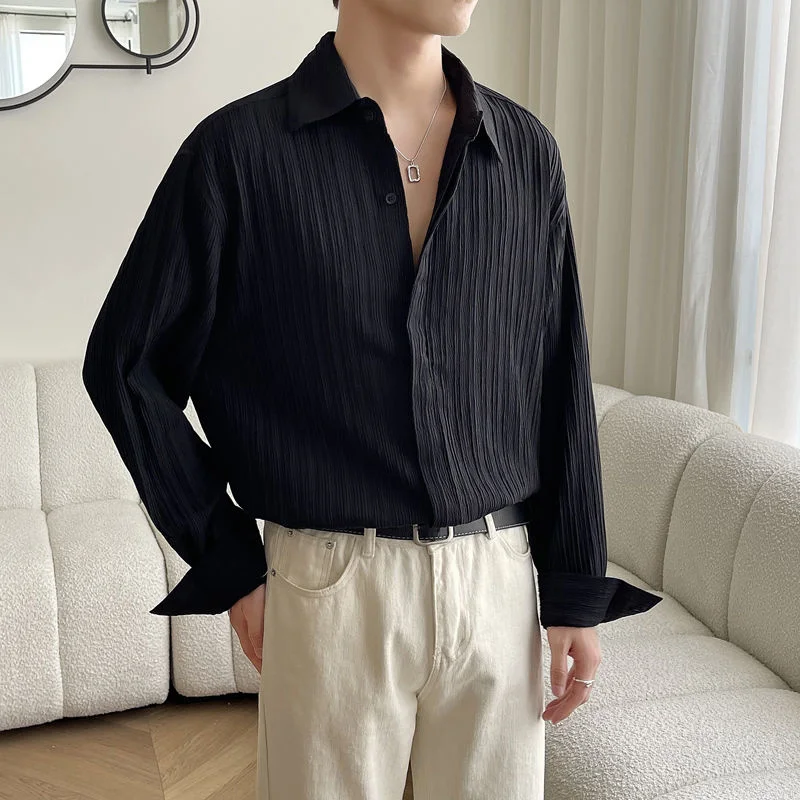 Summer Long Sleeve Shirts Men Slim Fashion Social Mens Dress Shirts Korean Loose Casual Pleated Shirts Mens Formal Shirts M-2XL