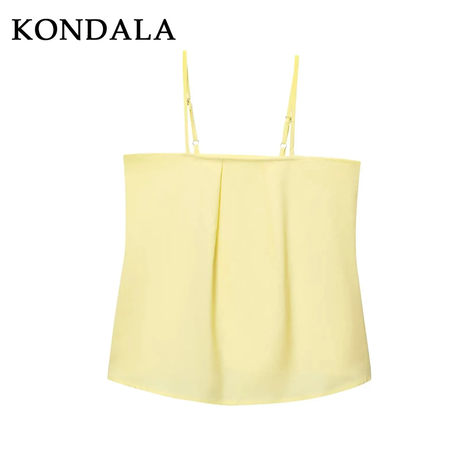 ชุดสตรีแฟชั่นสตรีทแวร์สีเหลืองเนย KONDALA 2025 คอลเลคชั่นฤดูใบไม้ผลิ/ฤดูร้อน ดีไซน์จับจีบ คอเฉียง แขนกุด เสื้อทรงตรง กระโปรงทรงตรง