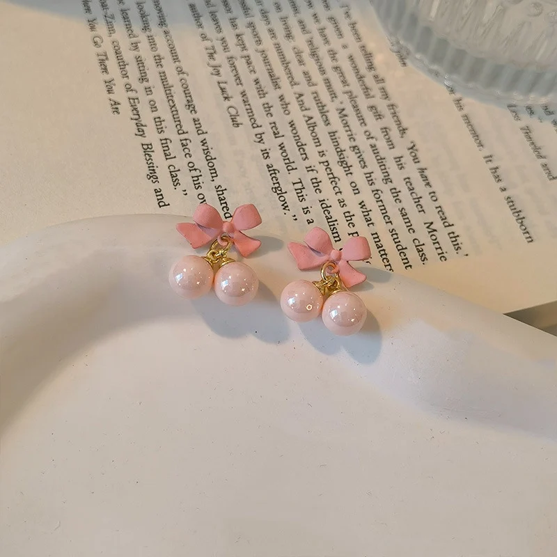 Super Sweet Pink Bow Earrings S925 Silver Needle Sweet Girl Heart Candy Bead Earrings Summer Fresh Earrings