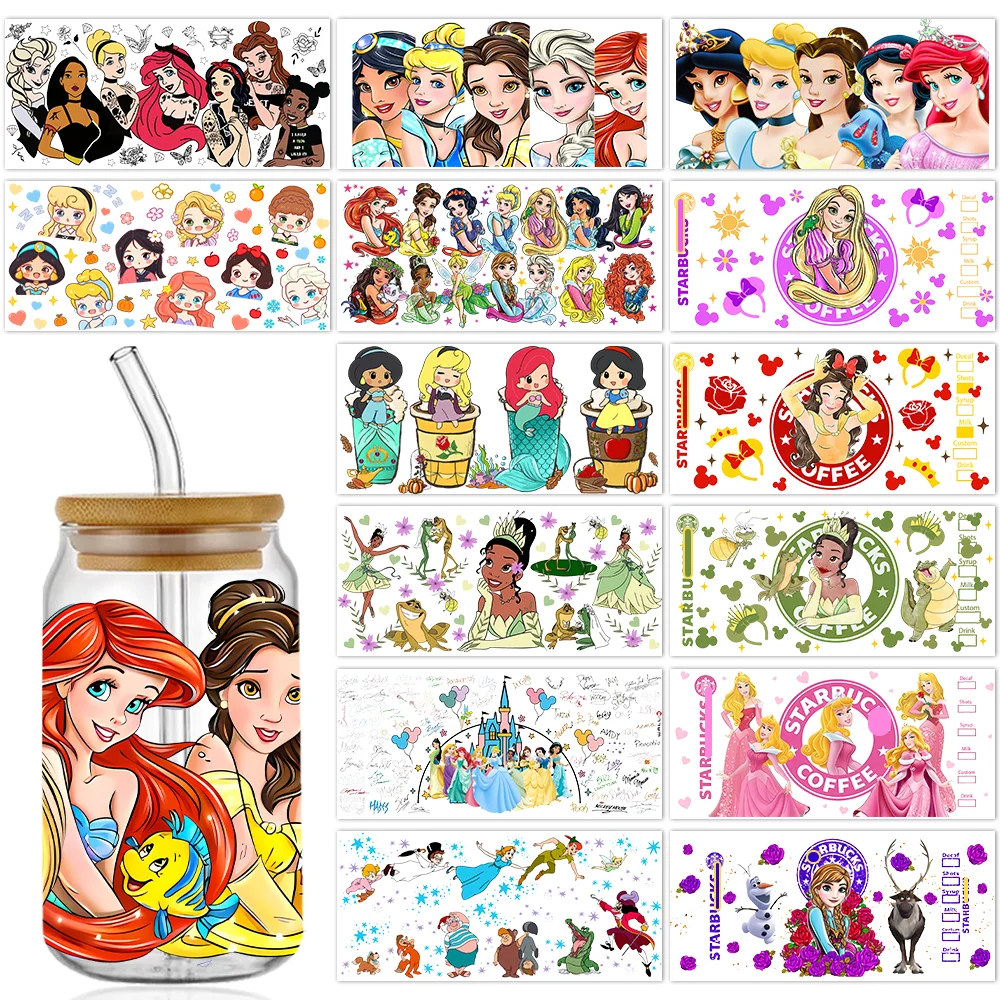Disney Princess-envoltura de taza UV DTF de 16oz, pegatinas de transferencia de vaso de cerveza de vidrio Libbey de dibujos animados, adhesivo