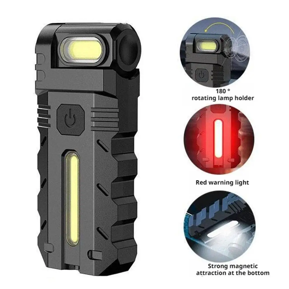 Mini lanterna led recarregável usb, lanterna portátil com ímã traseiro, super brilhante, acampamento, luz lateral cob de emergência