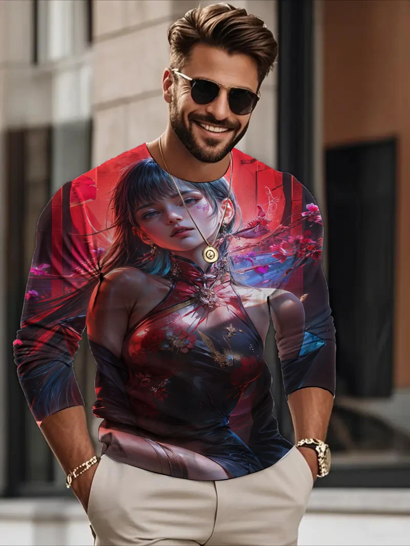 

Spring and Autumn Men's Long sleeves T-shirt anime beauty sexy 3D printed casual loose Long sleeved T-shirt men's clothing tops