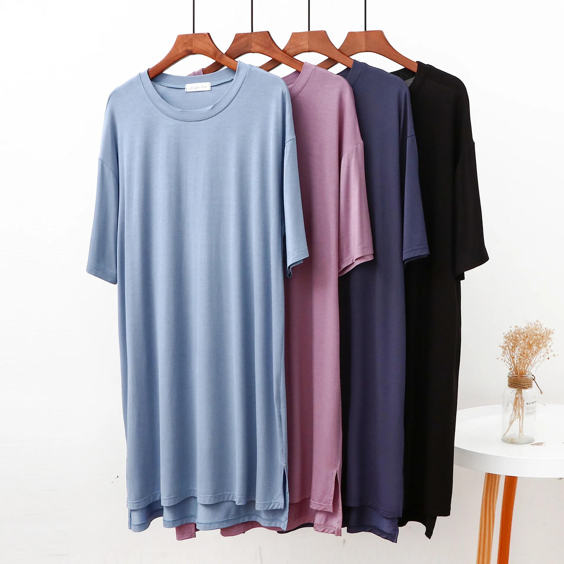 Robe t-shirt à col rond, grande taille, manches courtes, couleur unie, décontractée, confortable, vêtements de maison, tenue de nuit