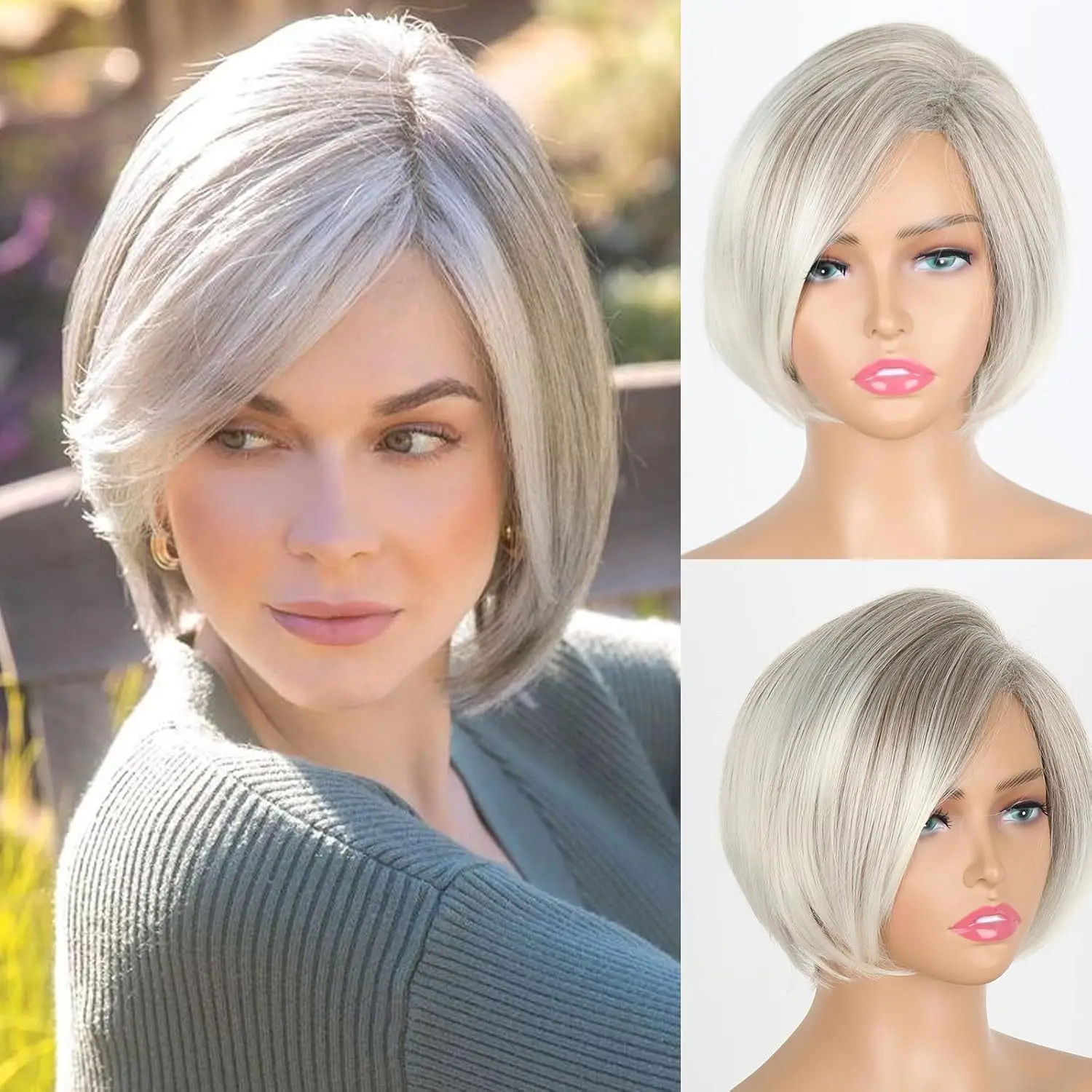 Silver Grey Short Bob Full Wig Synthetic Hair With Side Bangs For Women Halloween Christmas Cosplay Party