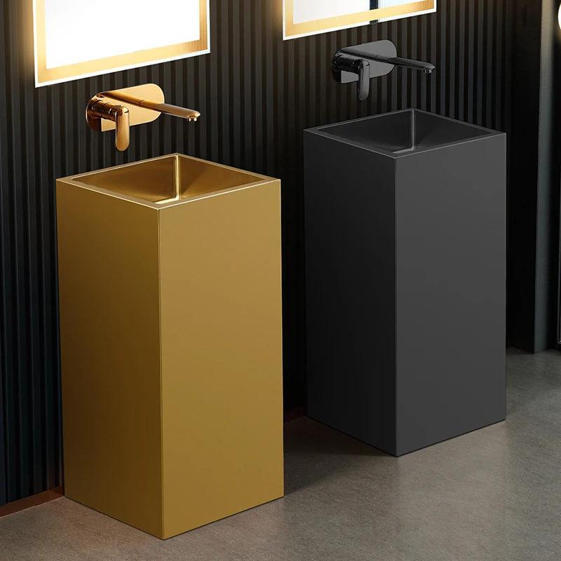 

Golden stainless steel washbasin basin integrated floor-standing square column basin hotel standing washbasin