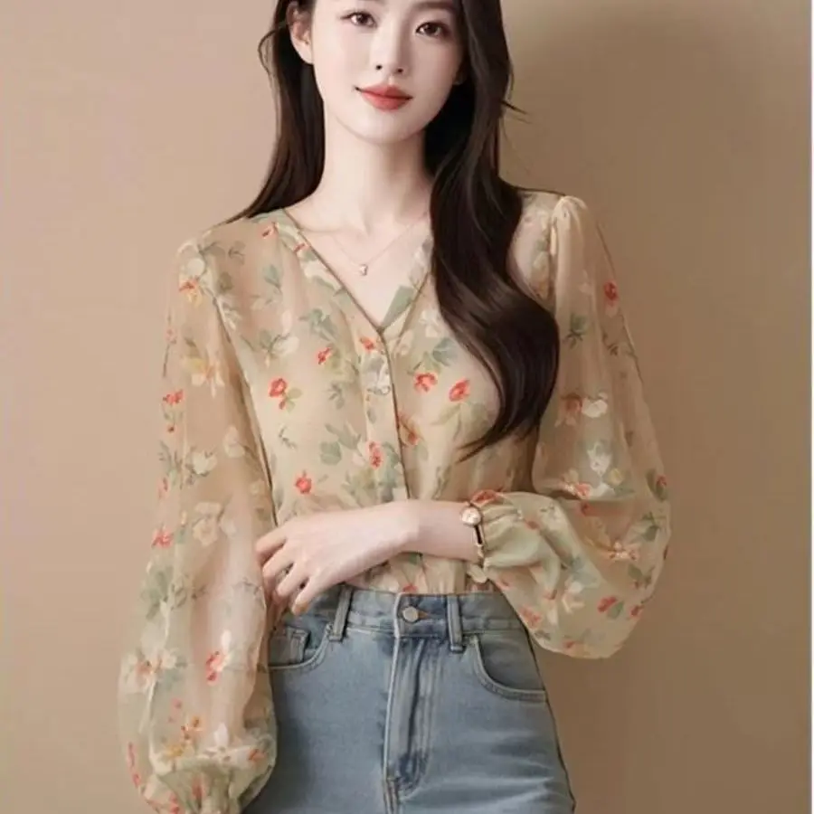 

Long Sleeve Shirts Womens Chiffon Ruffled Slim Fit Turn Down Collar Feminine Youthful Romantic Preppy Minimalist Clothing