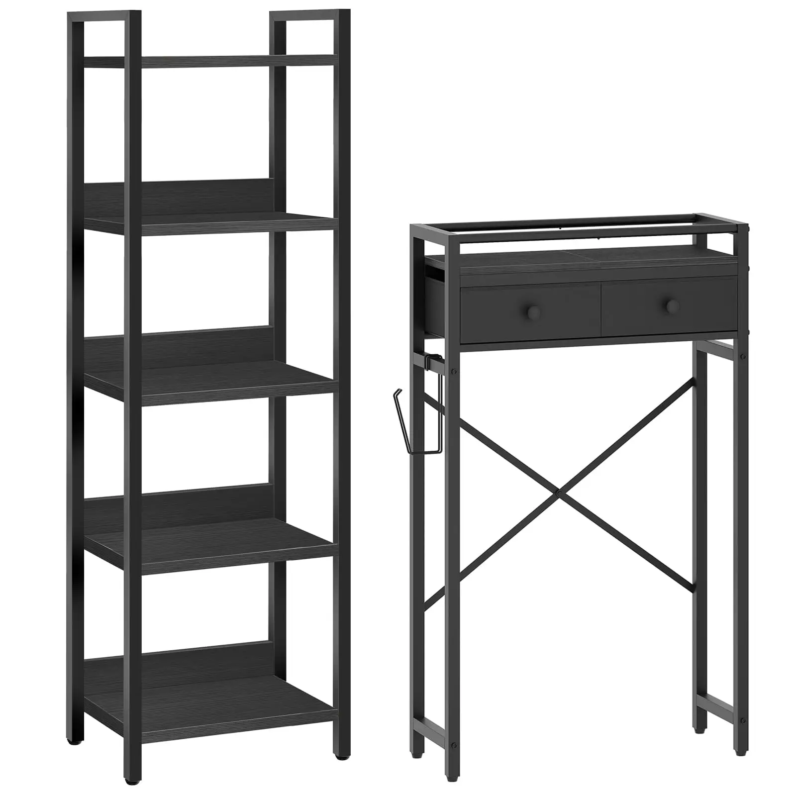 

5-Tier Bookshelf And 2-Drawer Over Toilet Storage Rack For Small Spaces Freestanding Organizer