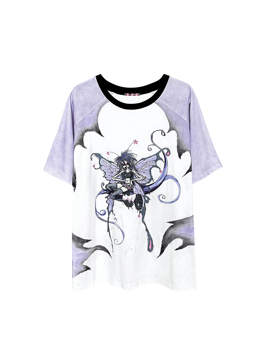 

Loose oulder Sve T-irt CFIERCE Fairy Print Women's Casual Cotton Summer Top round Ne ort Sve Tee