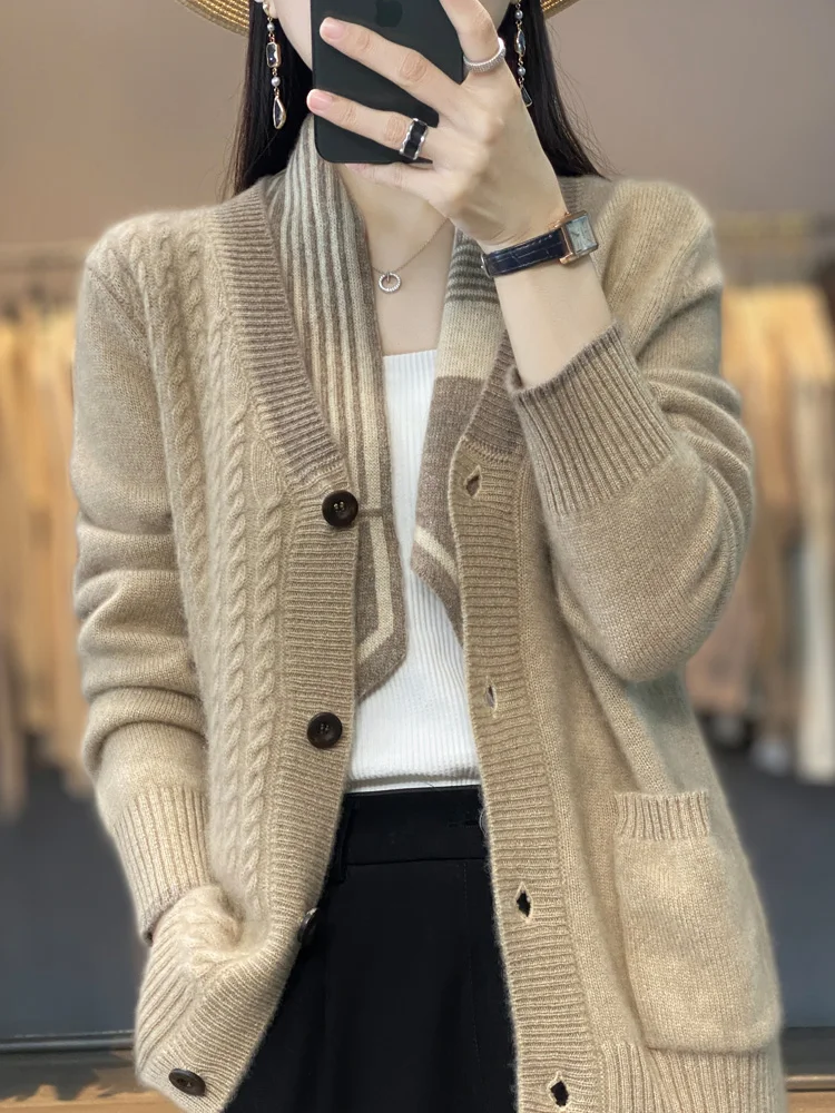 

CHICUU Autumn Winter Women Cashmere Sweater V-neck Cardigan Cable Knitting Thick Sweater Coat 100% Merino Wool Knitwear Korean