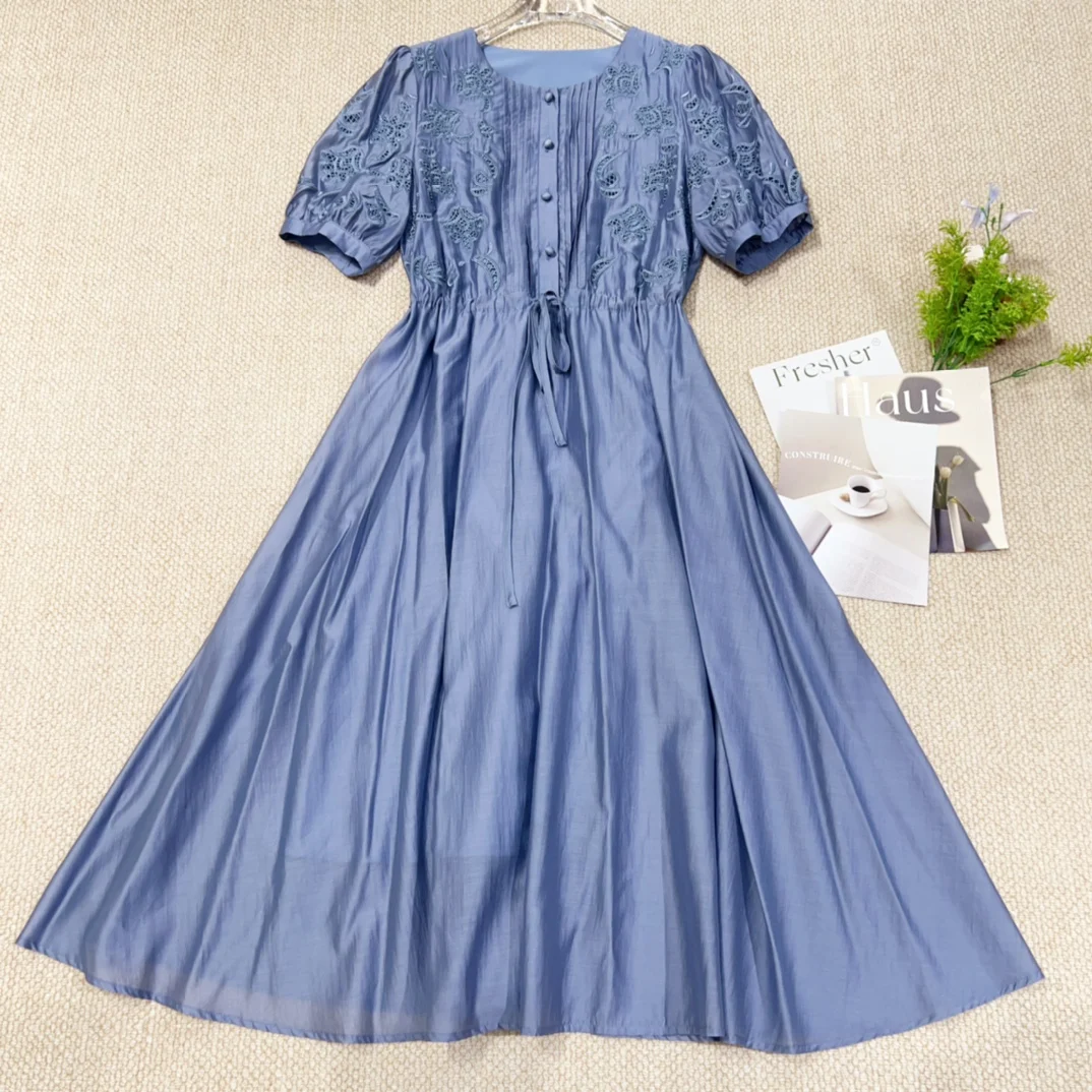 2024 Women's Clothing Pleated Embroidered Drawstring Waist Dress Spring Summer New 0704