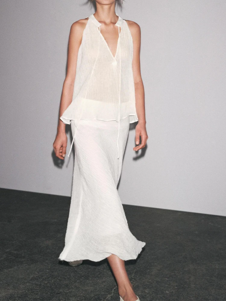 

Женская одежда в европейском и американском стиле, новые поступления, повседневная свободная полупрозрачная юбка из чистого льна на шнуровке с бретелькой на шее