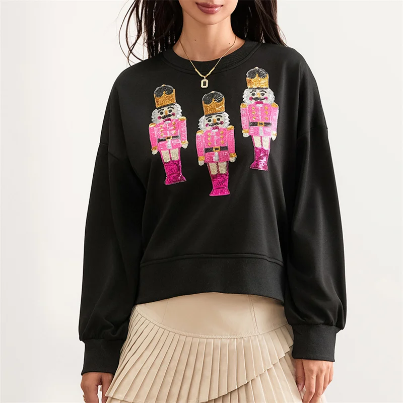 2024 Christmas Nutcracker Sequins Sweatshirt Round Neck Long Sleeve Crop Tops Loose Hoodies Streetwear New Year