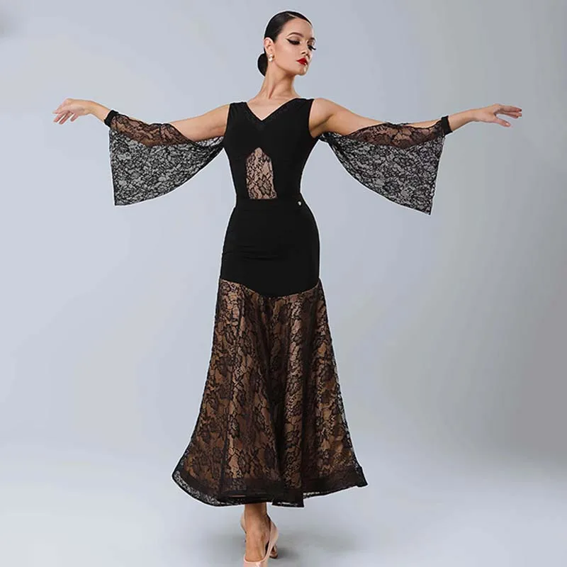 

Women Lace Ballroom Dance Competition Costume Standard Dress Waltz Modern Tango Dance Stage Wear Dancer Practice Skirt New 636