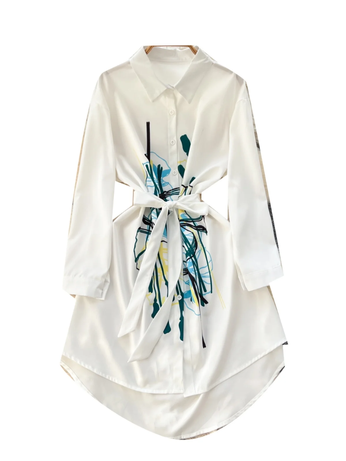 Modna koszulowa sukienka z nadrukiem damska wiosna lato nieregularne długie rękawy Casual sukienki średniej długości z paskiem elegancka Ropa De Mujer