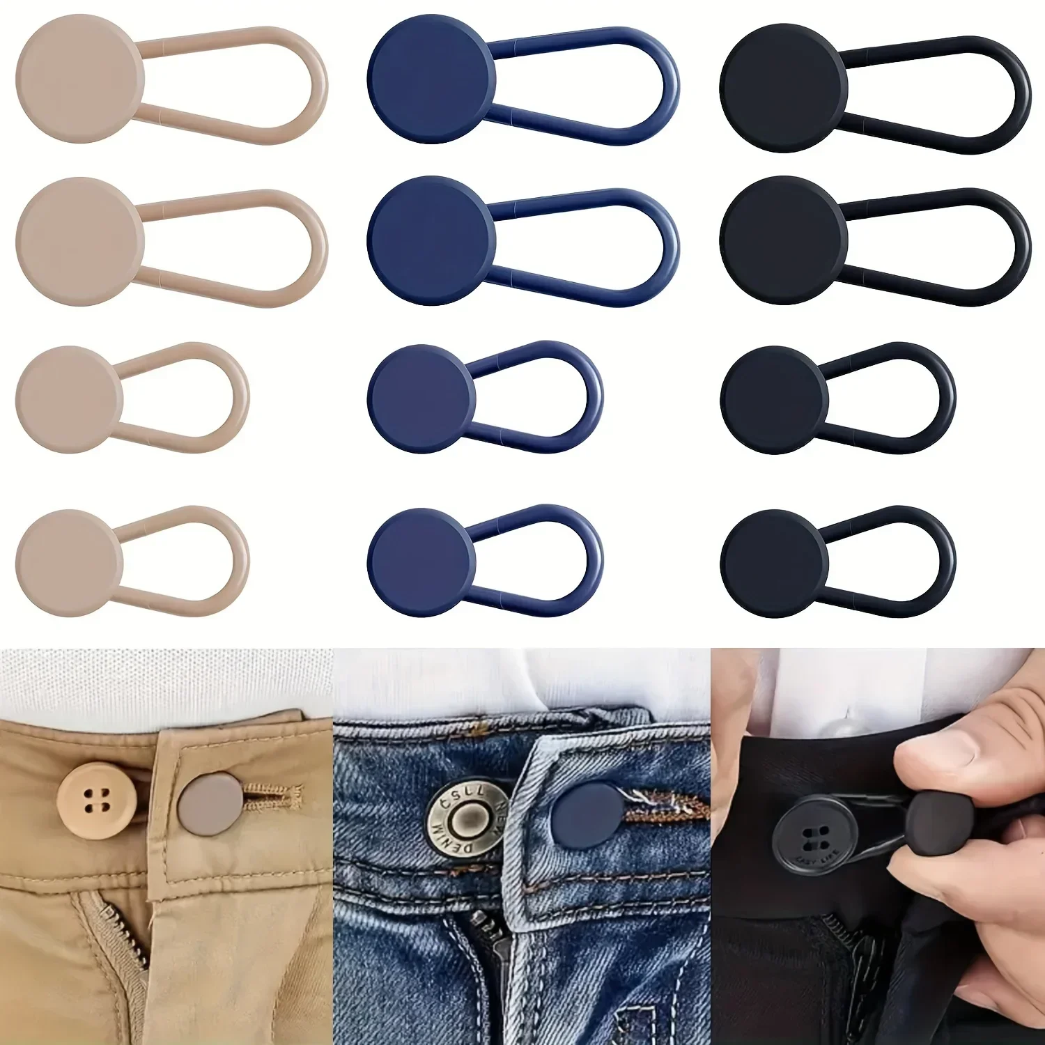 Extensores de Cintura para Jeans Sin Costuras Easy-Adjust, Paquete de 4/12 Unidades, Botones Ajustables para Pantalones, Aumenta 1-1.4 Pulgadas, Unisex, en Color Caqui/Azul/Negro