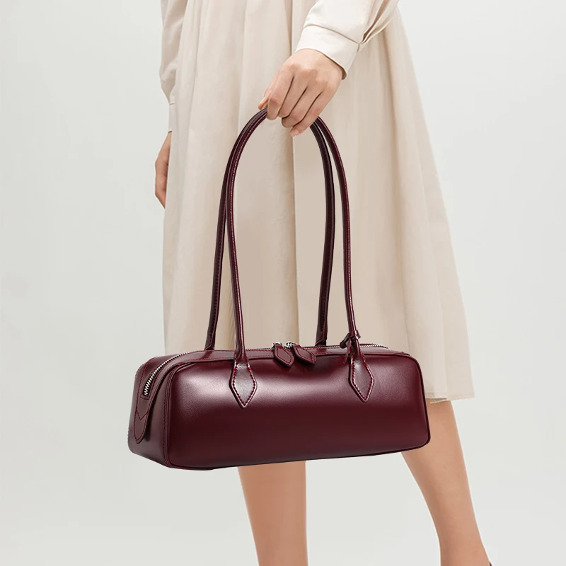 

Genuine leather cowhide women's handbag wine red pillow bag shoulder underarm bag date shopping storage bag