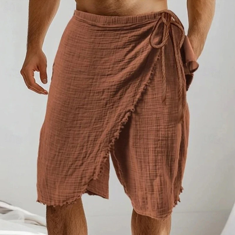 

Мужские льняные шорты в стиле бохо, пляжные повседневные дышащие однотонные шорты на шнурке, мужские летние винтажные свободные шорты нестандартной формы