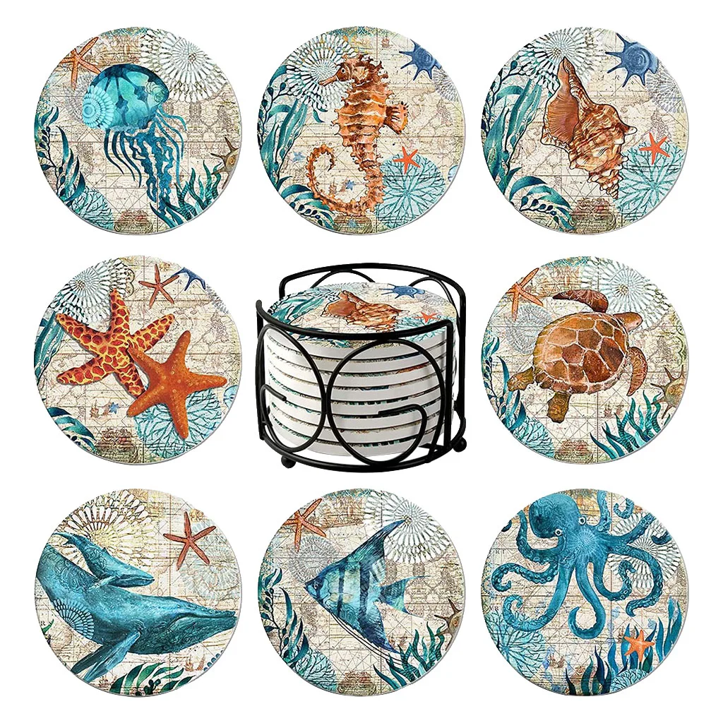 Coasters for Drinks Set of 8 Absorbent Ceramic Coasters Cork Base Back with Holder Decor, Living Coffee Bar Decoration