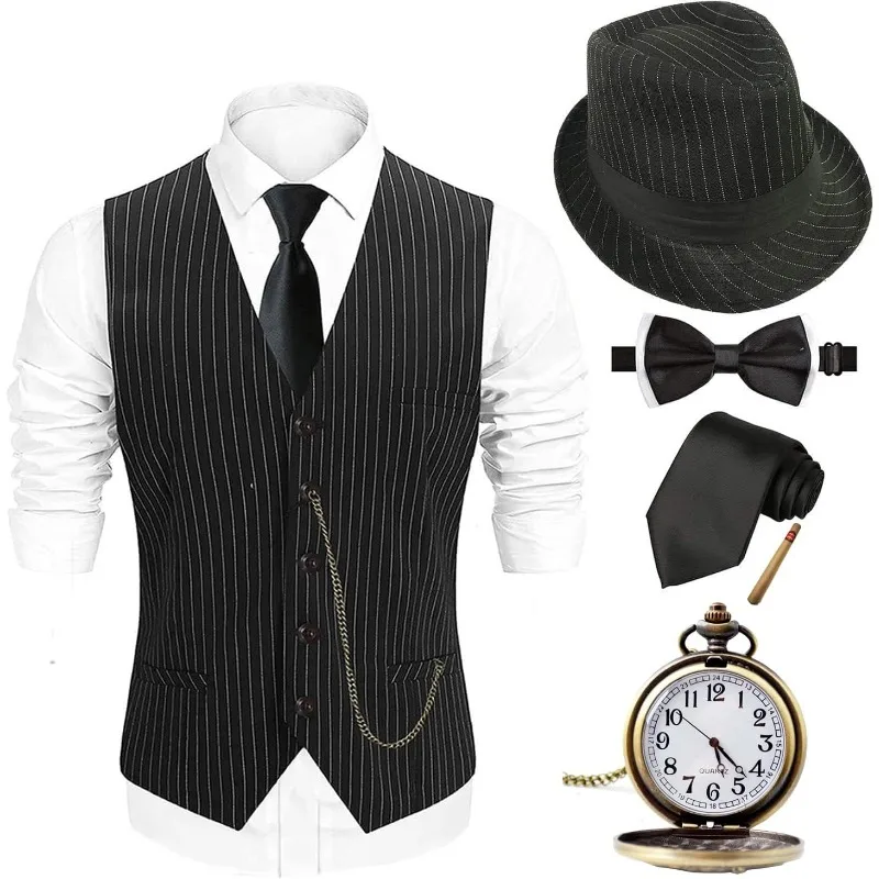 Disfraz de Hombre de los Años 20 para Halloween 2025, Chaleco de Gánster Estilo Gatsby, Reloj de Bolsillo Vintage, Corbata Pre-Atada, Accesorios para Disfraz de los Años 20